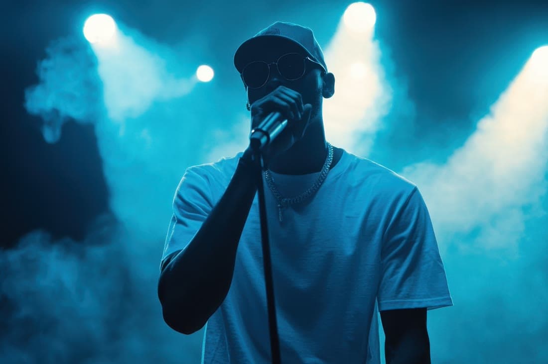 A rapper at the microphone under blue stage lights and smoke